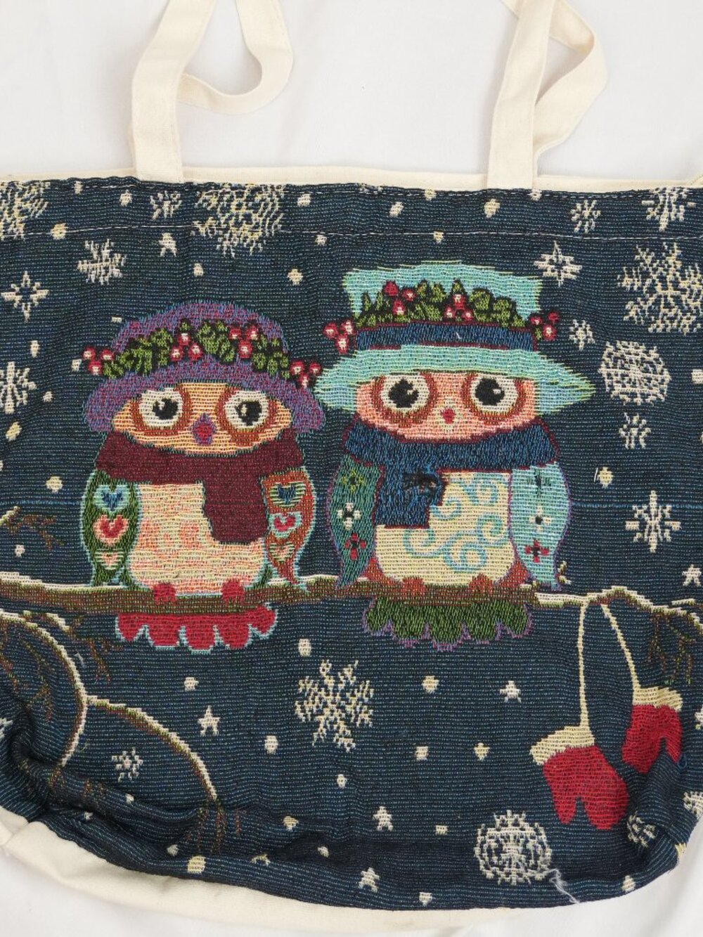 Canvas Tote Bag Owl Winter Christmas Zip Top Shoulder Bag Library Grocery Carry